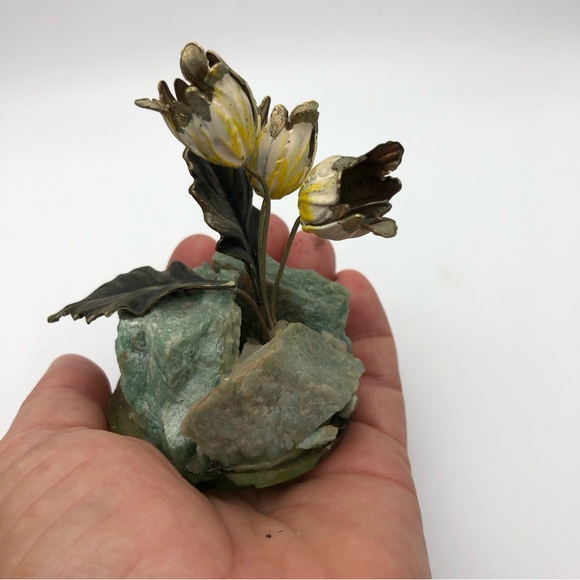 Vtg Art Of Frank Mosse Enameled Tulip Flowers Sculpture On Natural Rock Yellow - Picture 8 of 12